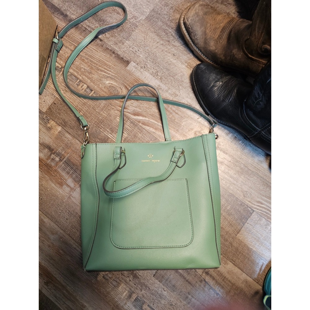 Nanette Lepore Sage Green Faux Leather Tote Crossbody Bag Gold Hardware